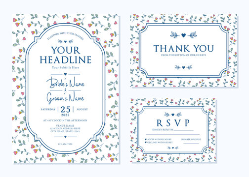 Hand Drawn Blue Floral Wedding Invitation Suite Vector Template
