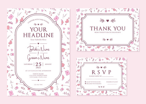 Hand Drawn Pink Love Doodle Wedding Invitation Suite Vector Template
