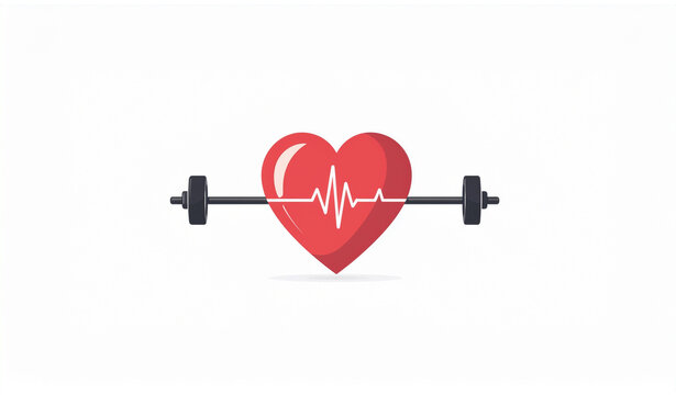 Heart health and weightlifting fitness symbol with barbell and pulse vector illustration