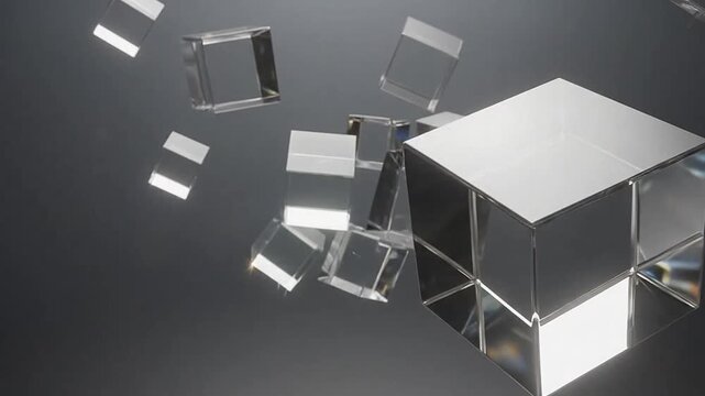 Floating transparent glass cubes suspended in a dark abstract space
