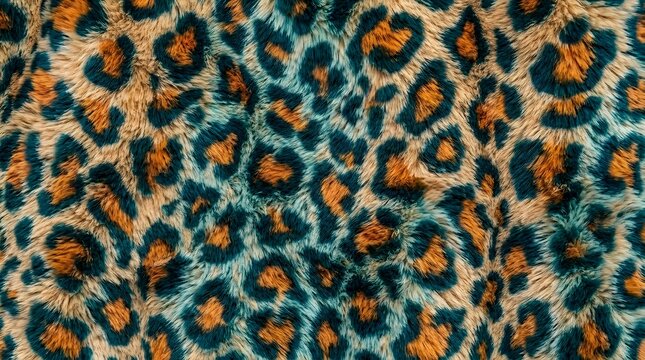 faux fur leopard print fabric with teal and brown spots soft animal pattern texture for fashion apparel and upholstery design