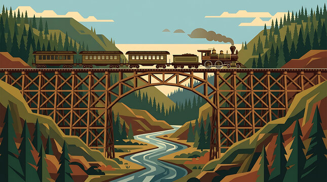 Vintage steam train traverses a wooden railway bridge over a scenic river valley, showcasing historical travel