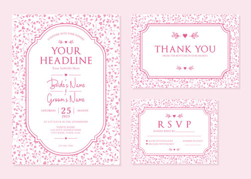 Light Pink Floral Heart Pattern Wedding Invitation Suite Vector Template
