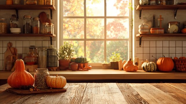 Rustic wooden kitchen counter featuring various seasonal pumpkins and glass jars bathed in warm natural sunlight during the autumn season