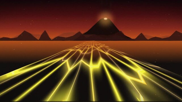 Neon landscape with glowing yellow lines under red sky. 3d rendering