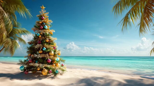 A colorful Christmas tree stands on the beach with ocean waves and palm trees under a clear sky