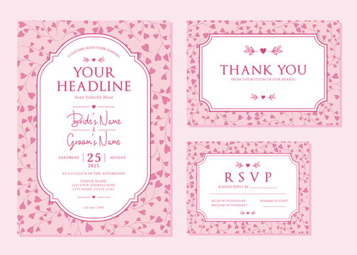Pink Heart Floral Background Wedding Invitation Suite Vector Template

