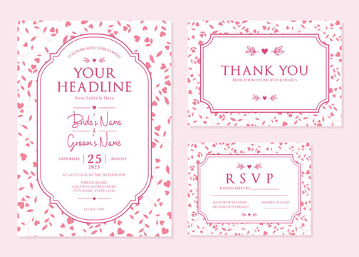  Pink Heart Floral Wedding Invitation Card Suite Vector Template
