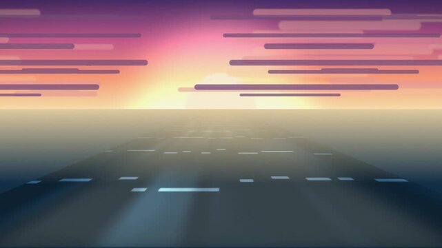 Sunset sky with geometric lines over reflective surface. 2d animation