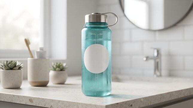 Blank Vinyl Sticker Mockup on Translucent Blue Water Bottle in Bathroom