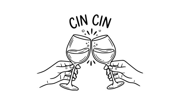 CIN CIN wine toast hands holding glasses hand drawn doodle vector emblem