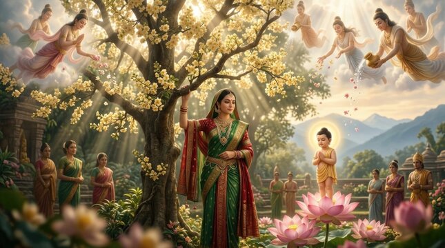 Siddhartha Gautama nativity: divine birth, lumbini garden, buddha infant, spiritual awakening, sacred wisdom, dharma tradition, compassion religion, prince sage.