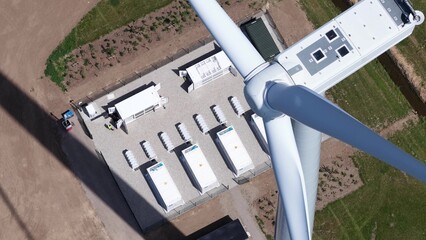 Fototapeta premium Aerial View of Battery Storage Commissioning at Dutch Wind Farm