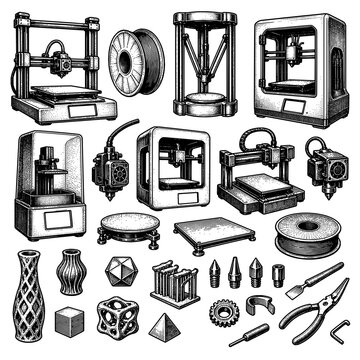 3D printers filament tools and printed models vector set