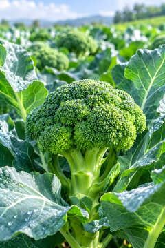 Fresh organic broccoli growing in garden