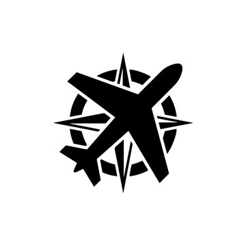 Black and white featuring a stylized airplane silhouette superimposed over a compass rose symbol on a plain white background