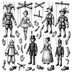 Obraz premium Traditional marionette puppets controls and joint parts vector set