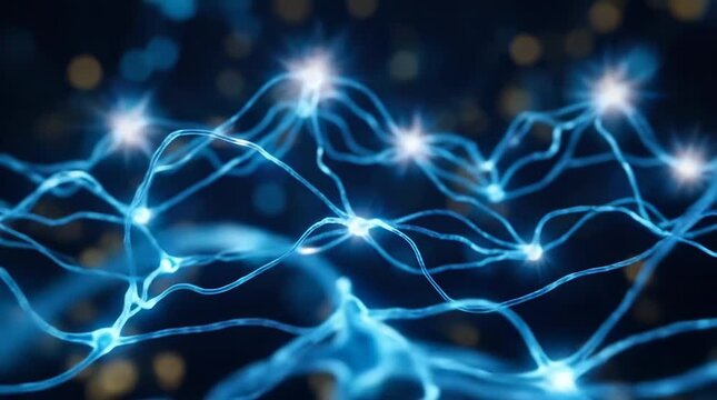 Neural network connections growing and pulsing with blue light