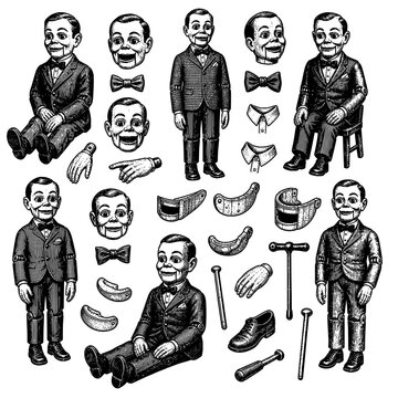 Ventriloquist dummies heads and control parts vector set