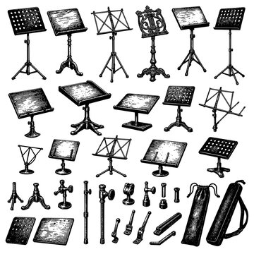 Orchestra music stands desks tripods and cases vector set