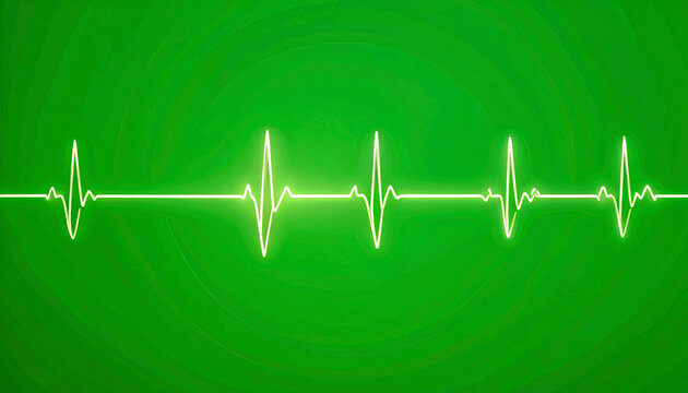 Abstract Neon Green Heartbeat EKG Line Pulse Graphic on a Textured Green Background with Circular Patterns