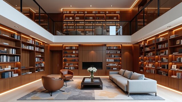 Double‑height luxury library living room, warm lit built‑in wooden bookshelves, mezzanine floor with glass railings, grey fabric sofa, brown leather armchairs, dark coffee table, patterned area rug, m
