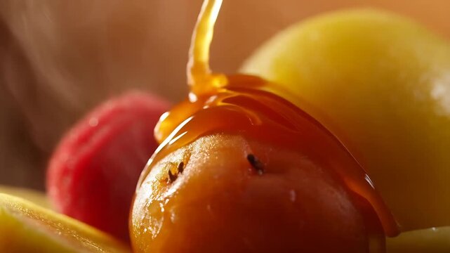 Candied Cherries Dripping with Caramel Sauce, Showcasing a Slow-Motion Food Preparation Macro with Vibrant Colors and Appetizing Textures.