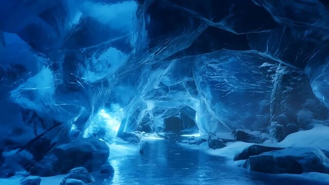Frozen Ice Cave with Glowing Blue Light and Melting Icicles in Slow Motion. Dynamic Crystal Reflections and Translucent Textures.