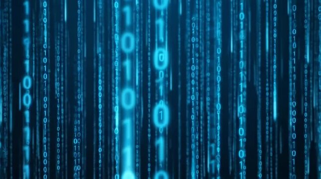 Blue digital binary code falling background