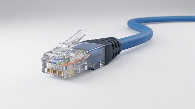 Blue ethernet network cable with plastic RJ45 connector plug.