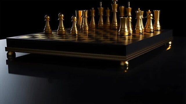 Luxury gold plated chess set on a reflective surface