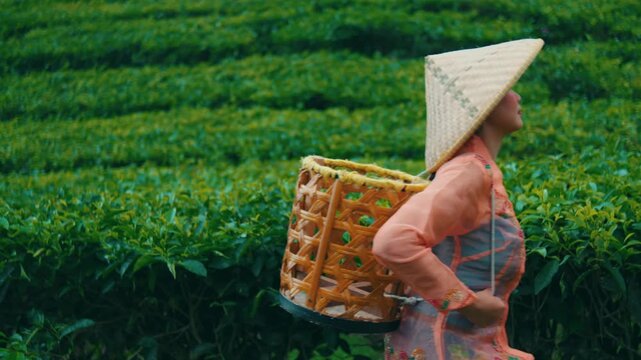 Indonesian Woman with Basket Walking Through Tea Field, Side View