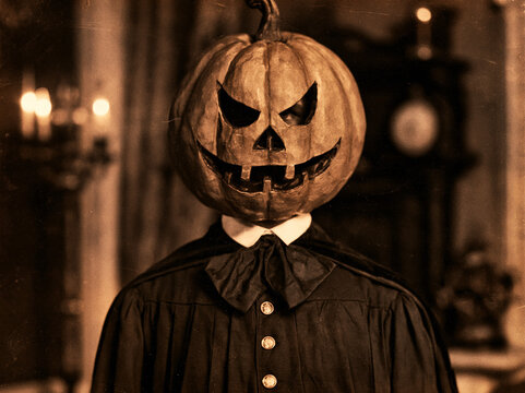 Spooky vintage photo of jack o lantern pumpkin head character wearing dark Victorian cloak