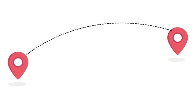 location pin vector animation, Map pointer pin and dotted route line animation on transparent background, location navigation travel and destination tracking motion graphic video in 4k.