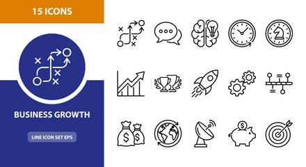 Fototapeta premium 15 Business Growth linear icon set strategy planning finance success, UI and web interface design