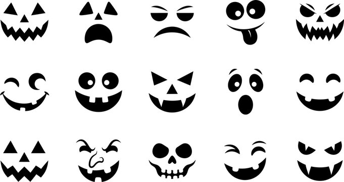 Halloween pumpkin faces set, 15 spooky jack o lantern expressions, black silhouette ghost and monster face icons for carving stencils