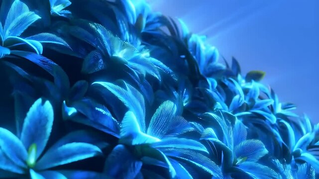 Luminous Tropical Foliage Gently Swaying in a Vibrant Blue Light, Creating a Mesmerizing, Flowing Animation. with Tropical Leaves