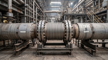 Naklejka premium Industrial metal pipeline with expansion joint in factory setting.