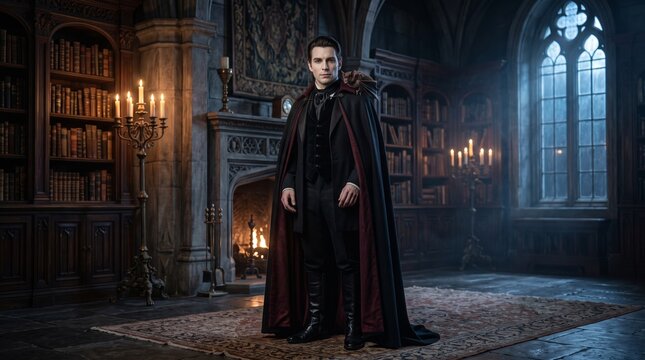 Vampire or count dracula in gothic library with candlelit ambiance