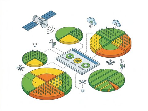 Smart IoT farming: satellite crop health mapping system, isolated on white background