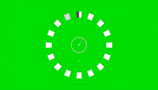 Animated loading indicator with a clock face and white squares on a green screen background for motion graphics and UI design
