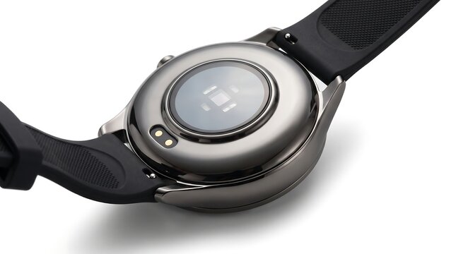 Back view of a modern black smartwatch with a silicone strap.