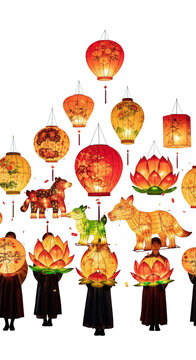 People holding colorful lanterns in hands.