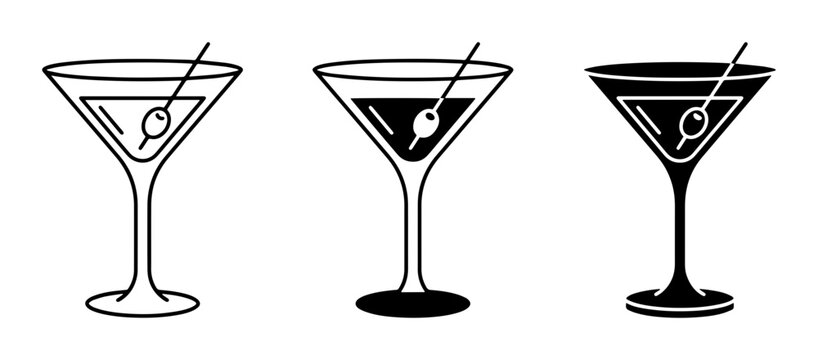 3 Martini Glasses Icon Set, Outline Solid Silhouette, for Bar and Restaurant