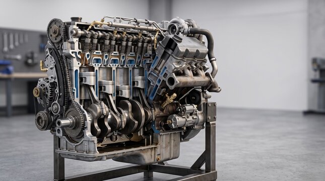 Internal combustion engine cross section showing mechanical engineering details.