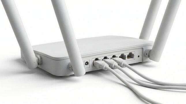 White wireless internet router with ethernet cables connected.