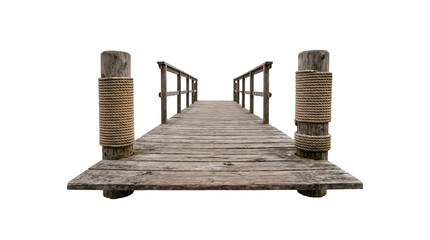 Fototapeta premium Vintage wooden jetty with thick rope pillars, weathered pier. Antique harbor walkway with bungee bumpers. Empty boardwalk walkway.
