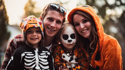 Naklejka premium Happy young family wearing festive halloween costumes and spooky makeup posing together for a bright outdoor photograph during autumn season