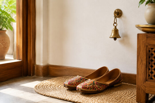 Colorful embroidered jutti shoes on jute mat with brass bell, entryway decor concept