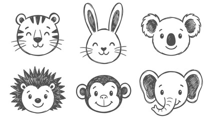 Obraz premium Cute hand drawn animal faces vector set featuring sketch tiger bunny koala hedgehog monkey and elephant icon collection